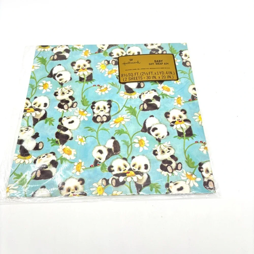 VTG Hallmark Mid Century‎ Flowers Playful Panda Gift Wrap Paper Full Sheet